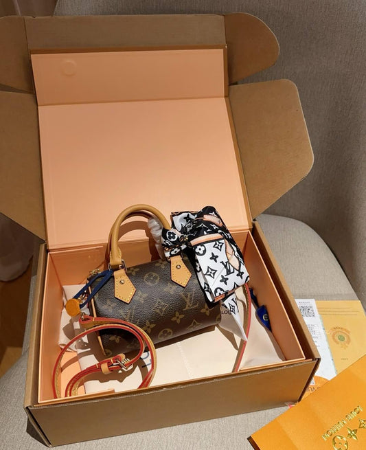 Louis Vuitton Nano Speedy 16 Monogram bag + A silk Lv Scarf