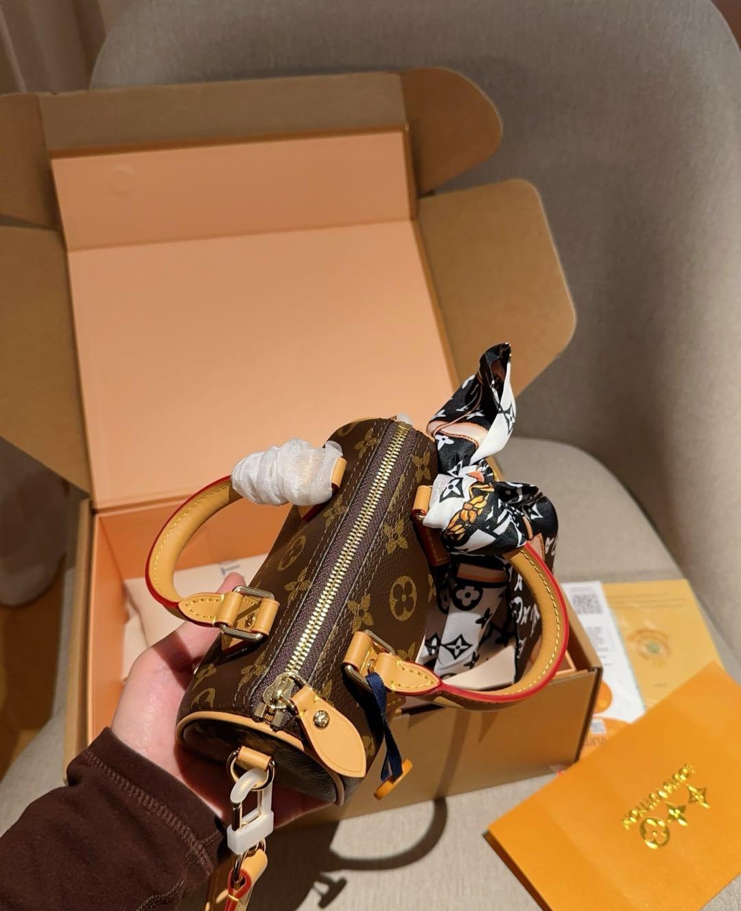 Louis Vuitton Nano Speedy 16 Monogram bag + A silk Lv Scarf