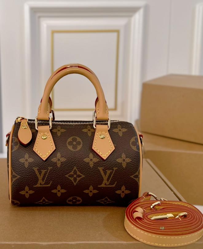 Louis Vuitton Nano Speedy handbag in Monogram coated canvas with natural cowhide leather trim and gold tone hardware (size 16×10)