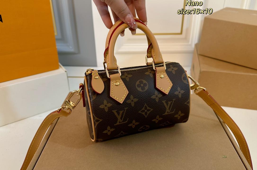 Louis Vuitton Nano Speedy handbag in Monogram coated canvas with natural cowhide leather trim and gold tone hardware (size 16×10)
