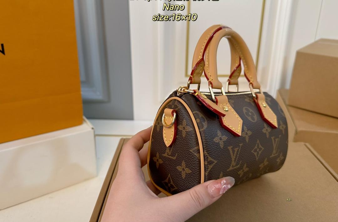 Louis Vuitton Nano Speedy handbag in Monogram coated canvas with natural cowhide leather trim and gold tone hardware (size 16×10)
