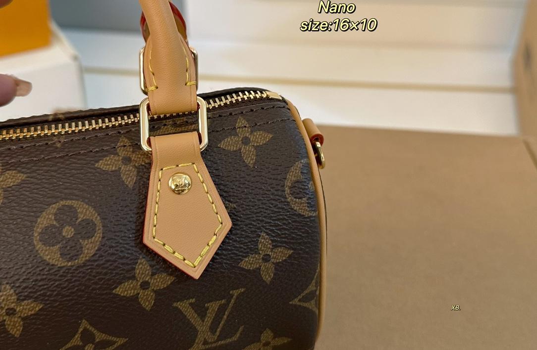Louis Vuitton Nano Speedy handbag in Monogram coated canvas with natural cowhide leather trim and gold tone hardware (size 16×10)