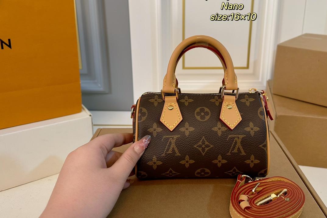 Louis Vuitton Nano Speedy handbag in Monogram coated canvas with natural cowhide leather trim and gold tone hardware (size 16×10)