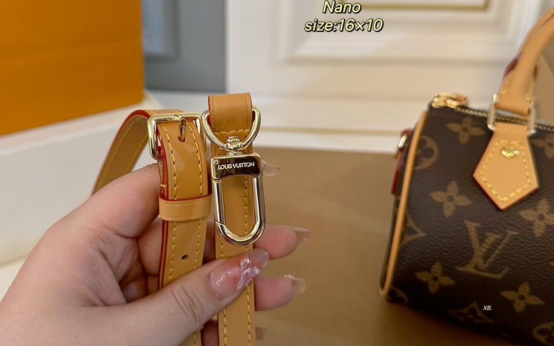 Louis Vuitton Nano Speedy handbag in Monogram coated canvas with natural cowhide leather trim and gold tone hardware (size 16×10)