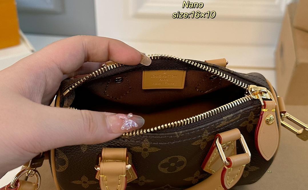 Louis Vuitton Nano Speedy handbag in Monogram coated canvas with natural cowhide leather trim and gold tone hardware (size 16×10)