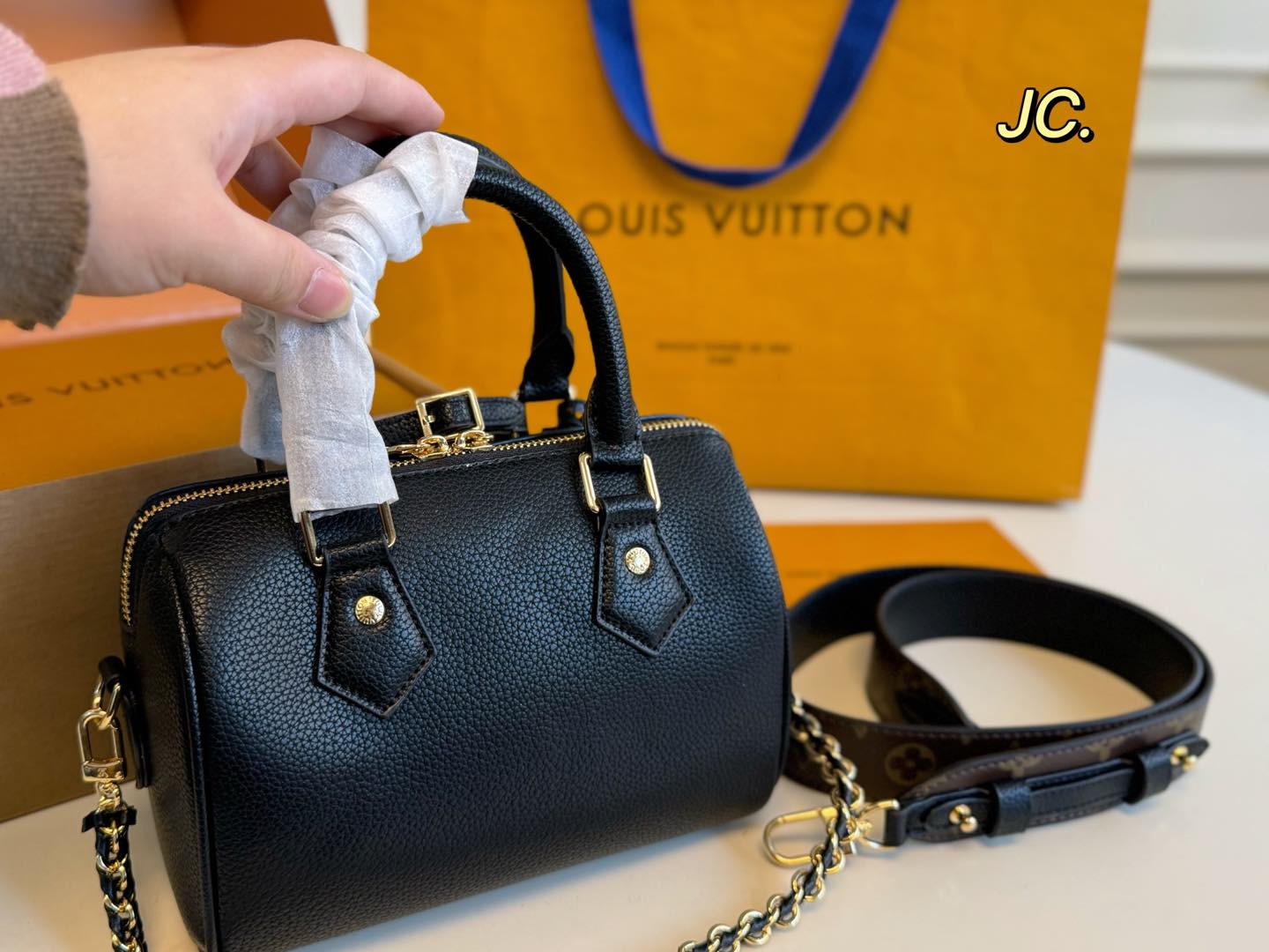 Louis Vuitton Nano Speedy Black Calf Leather handbag (size 20×15)